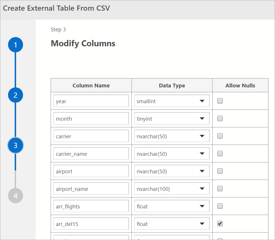 Capture d’écran de la fenêtre Créer une table externe à partir d’un fichier CSV montrant l’Étape&nbsp;3&nbsp;: Modifier les colonnes.
