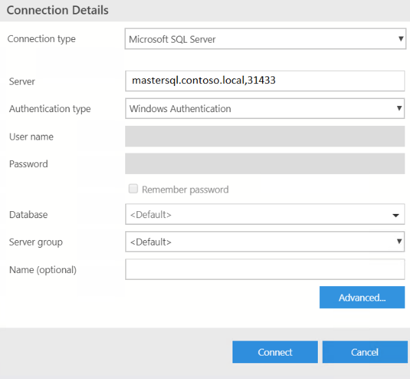 Se connecter à SQL Server dans la boîte de dialogue Azure Data Studio