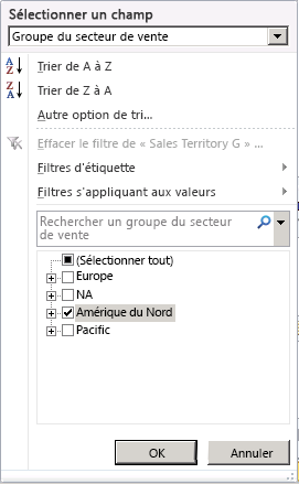 Volet Filtre pour la sélection de la région North America