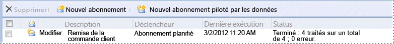 Résultats d'abonnement dans le Gestionnaire de rapports