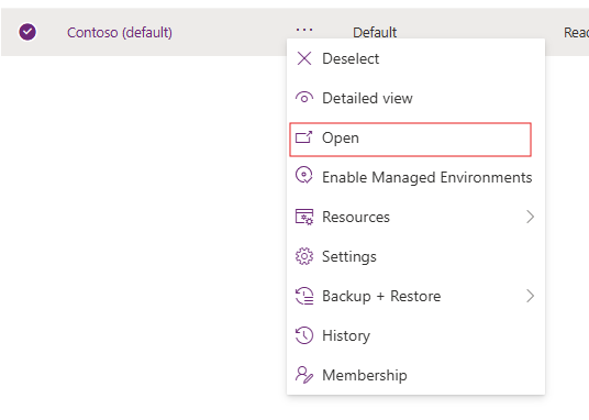 Capture d’écran du bouton Ouvrir instance Dataverse.