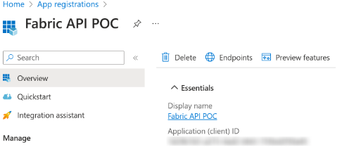 Capture d’écran montrant une application dans Azure après l'enregistrement.