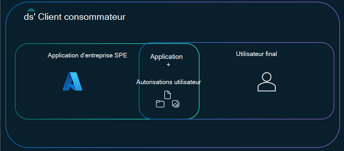 Diagramme de Venn avec l’accès à l’application SPE à gauche, l’agent SPE au milieu et l’utilisateur client consommateur à droite, zone superposée est à laquelle l’agent peut accéder