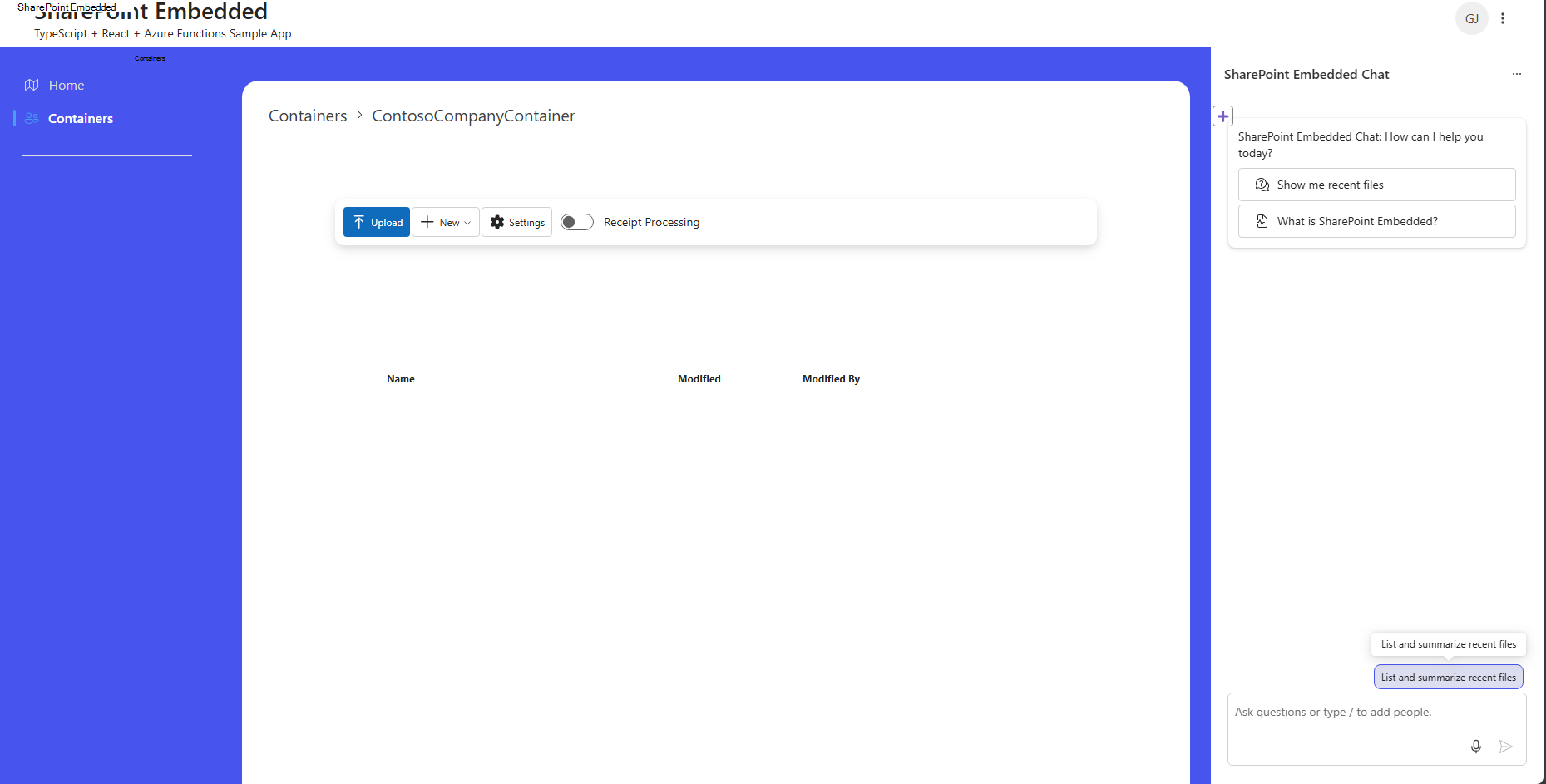 Spe Typescript Application s’exécutant dans edge à l’intérieur d’une page de conteneur créée de ContosoCompanyContainer