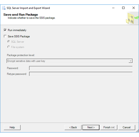 Page Enregistrer et exécuter le package de l’Assistant Importation et Exportation Page Enregistrer et exécuter le package de l’Assistant Importation et Exportation