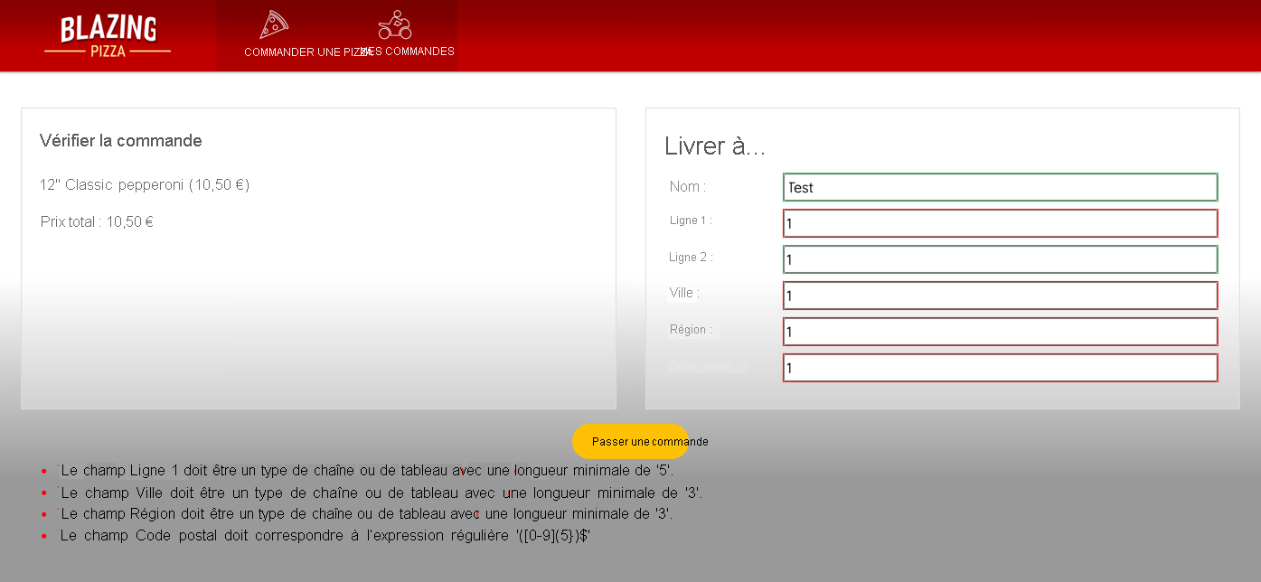 Capture d’écran des messages d’erreur pour chaque champ.