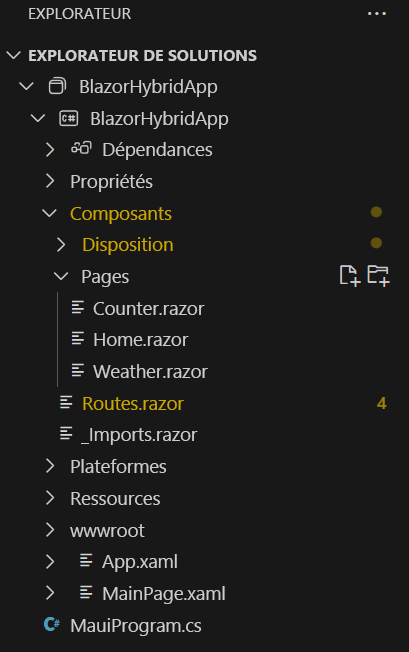 Capture d’écran montrant l’Explorateur de solutions Visual Studio&nbsp;Code avec une liste de fichiers dans un projet Blazor .NET MAUI par défaut.