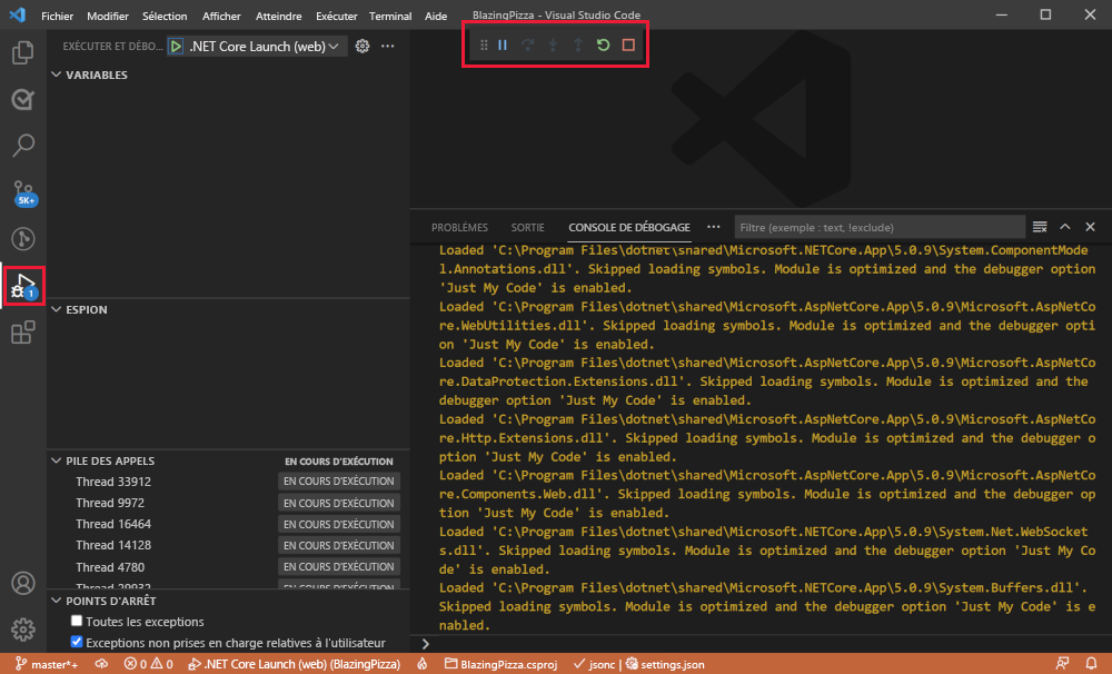 Screenshot showing the debugging window in Visual Studio Code.