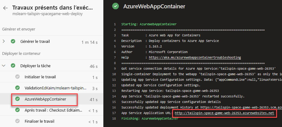 Capture d’écran d’Azure Pipelines montrant l’emplacement de l’URL du site web.