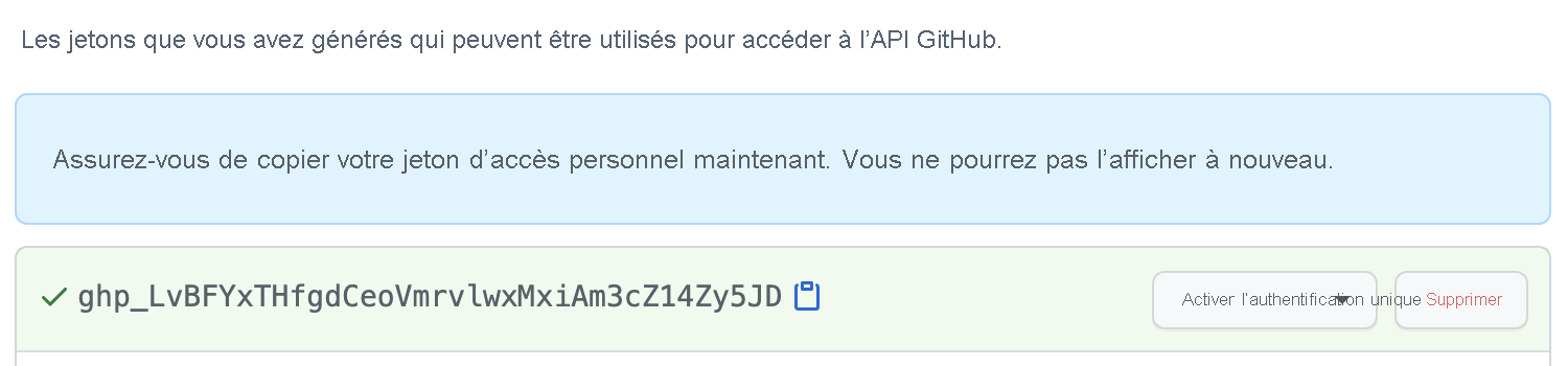 Capture d’écran avec un exemple de jeton d’accès personnel GitHub.