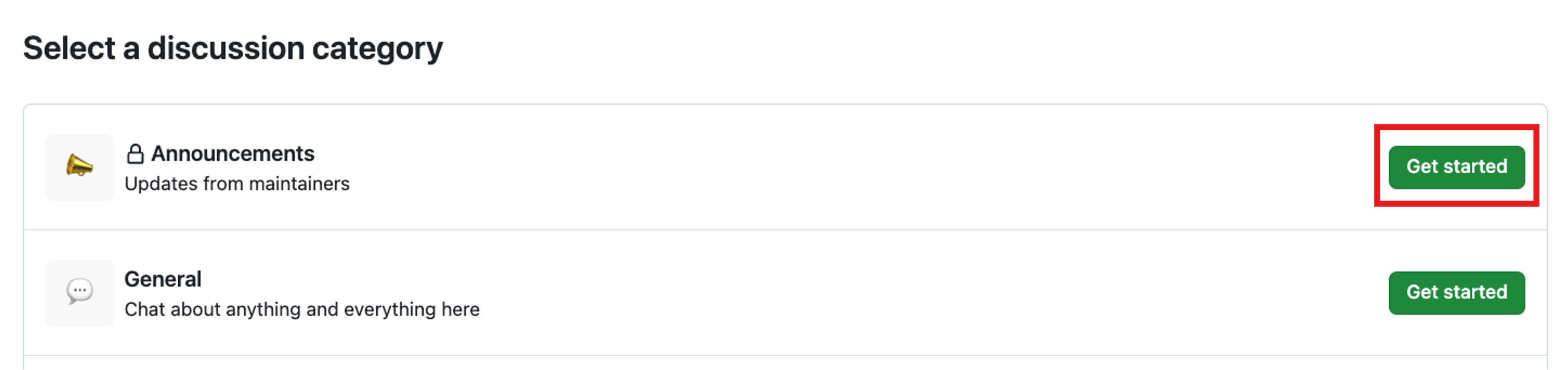 Capture d’écran de la sélection d’une sélection de menu de catégorie de discussion, avec l’option Annonces en haut et le bouton Prise en main mis en surbrillance.