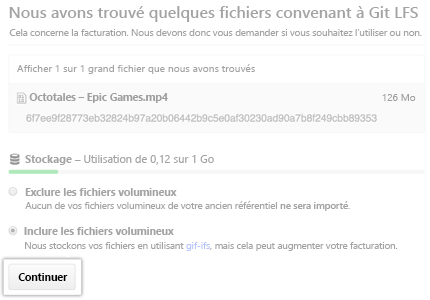 Capture d’écran des fichiers appropriés pour l’importateur de stockage de fichiers volumineux Git.