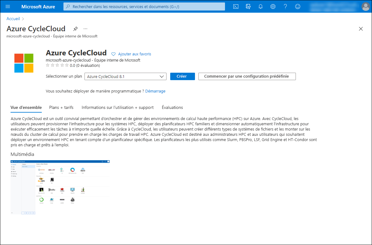 Capture d’écran montrant la section Créer d’Azure CycleCloud dans le portail Azure.