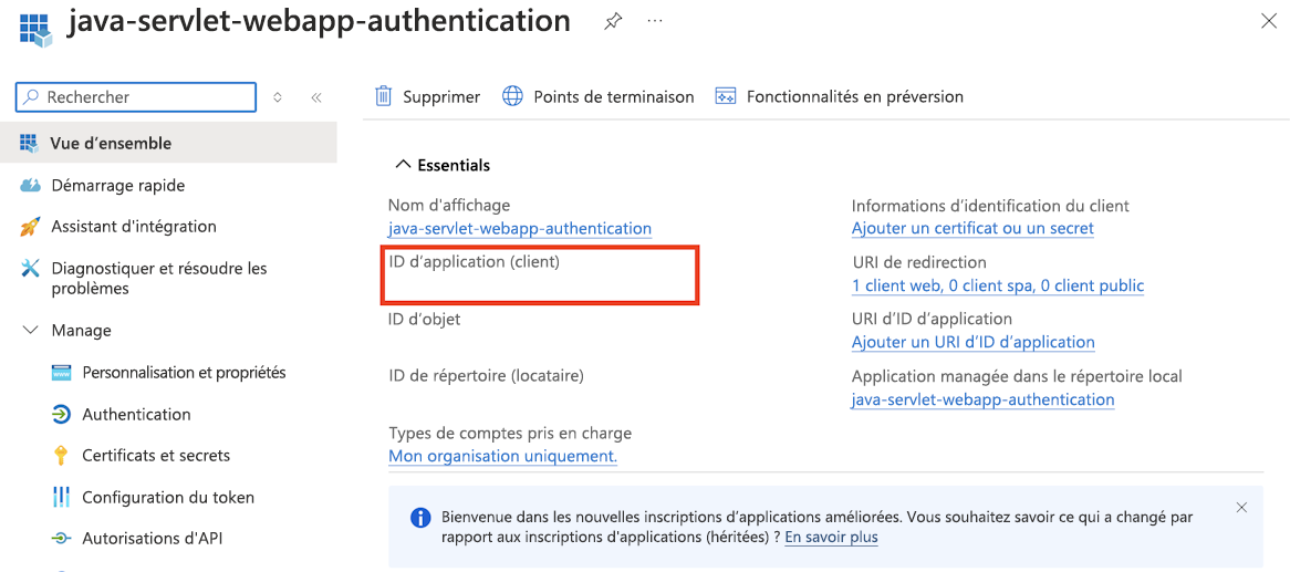 Capture d’écran mettant en évidence l’identifiant d’une application inscrite auprès de Microsoft Entra ID dans le Portail Azure.