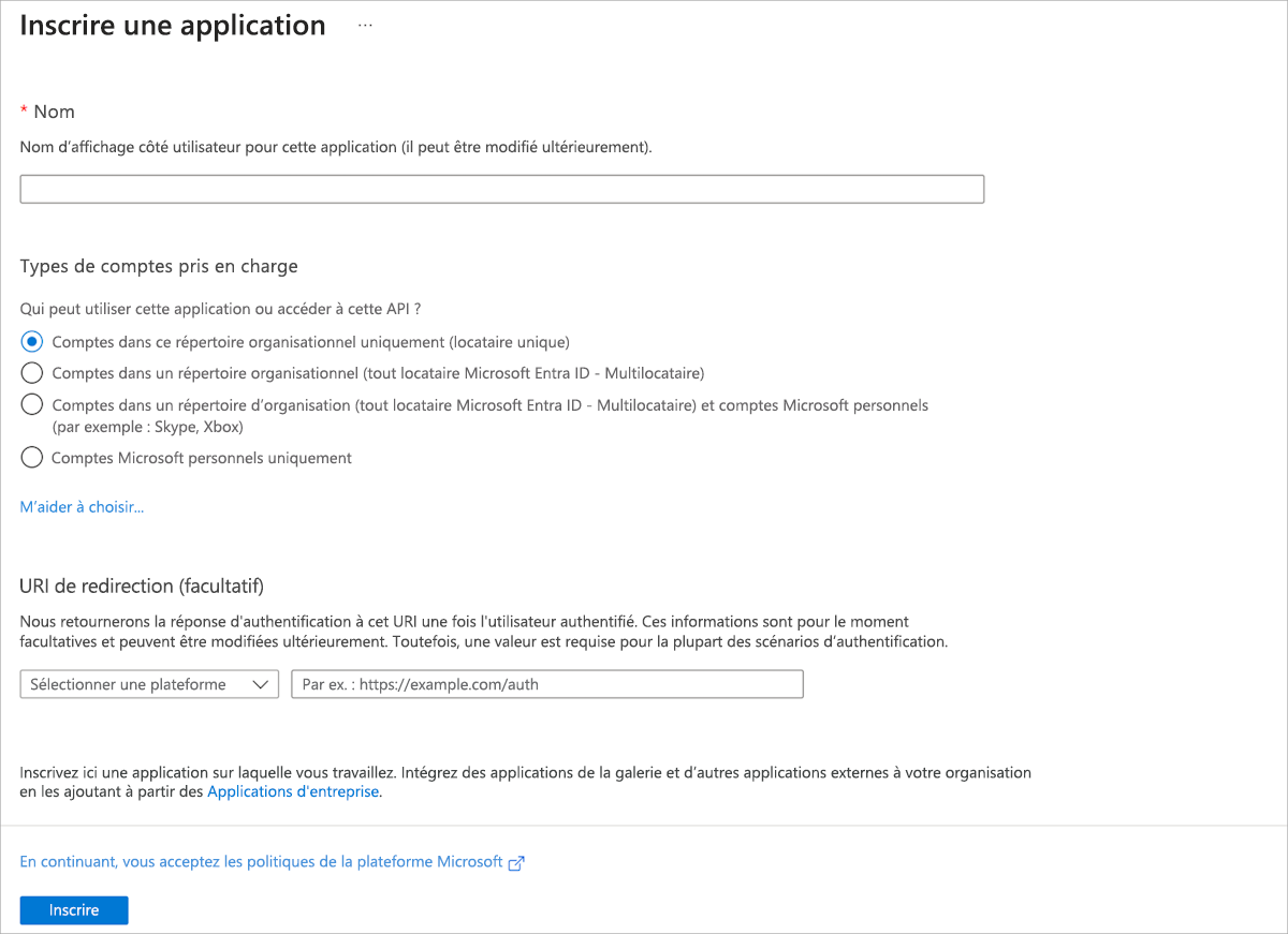Capture d’écran montrant l’inscription d’une nouvelle application auprès de Microsoft Entra ID dans le Portail Azure.
