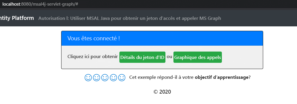 Capture d’écran qui montre le bouton permettant d’appeler Graph dans la page une fois la connexion établie à l’exemple d’application.
