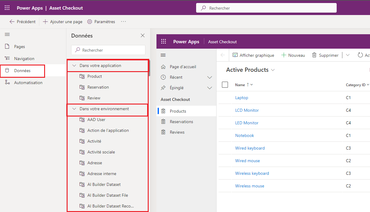 Capture d’écran des relations disponibles dans la barre de navigation Données.