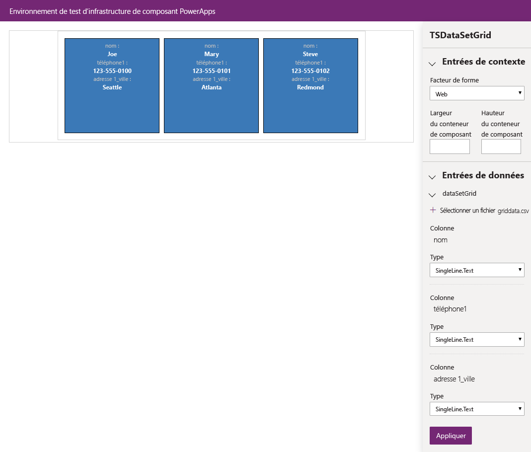 Capture d’écran du fichier CSV chargé avec succès avec affichage des enregistrements du composant