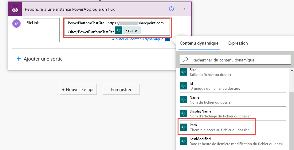 Capture d’écran du contenu dynamique Path dans l’action Répondre à une Power Apps ou à un flux.
