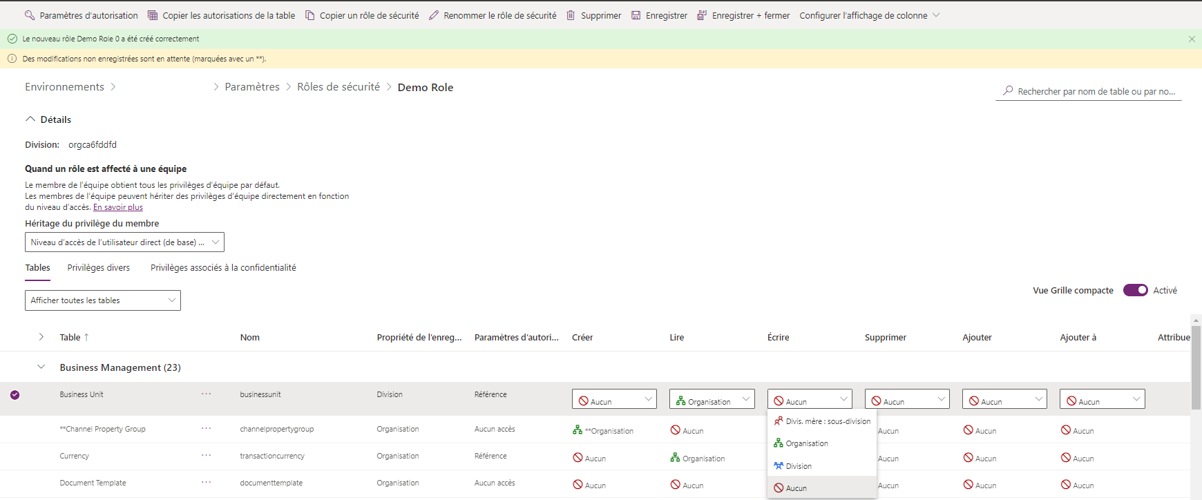 Capture d’écran des paramètres de Rôle de sécurité : Nouveau rôle de sécurité pour chaque entité.