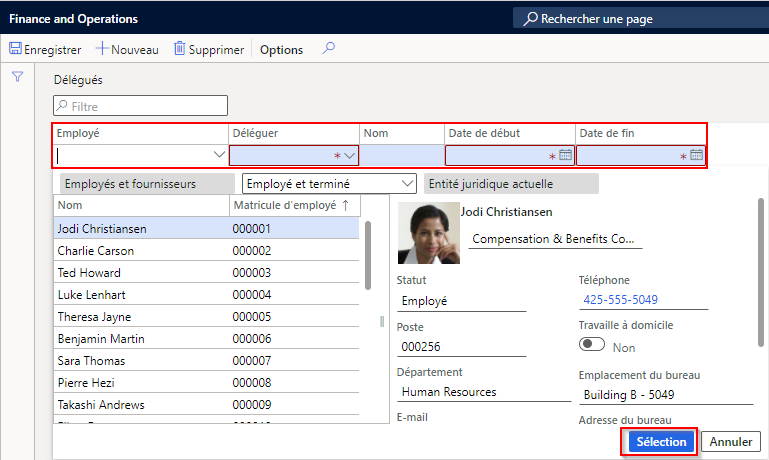 Capture d’écran de la page Délégués de finances et d’opérations.