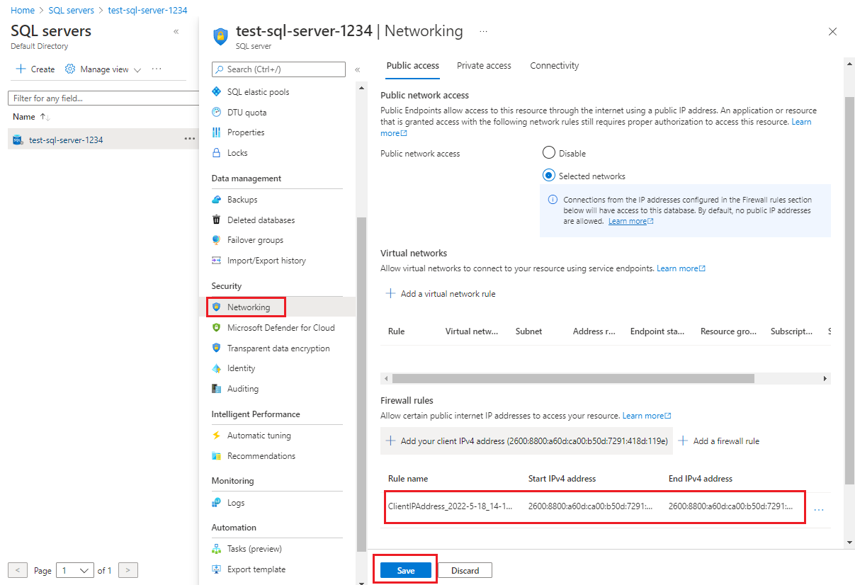 Capture d’écran montrant le volet Pare-feu et réseaux virtuels.