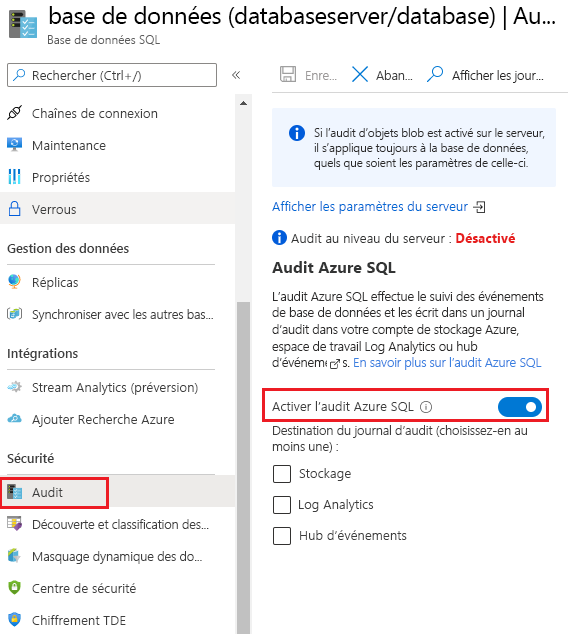 Capture d’écran montrant comment activer l’audit pour les bases de données Azure SQL.