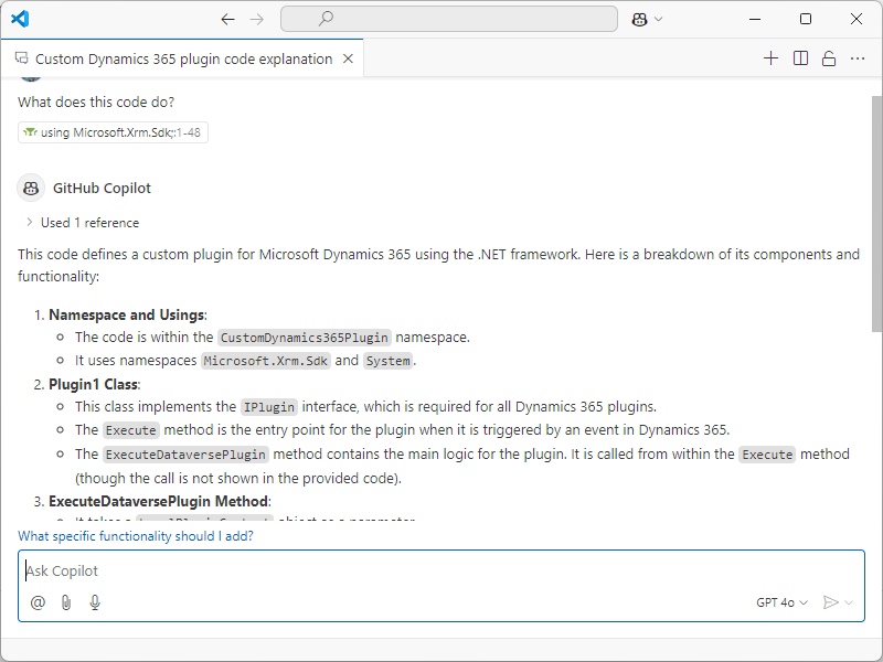 Capture d’écran illustrant une conversation instantanée GitHub Copilot.