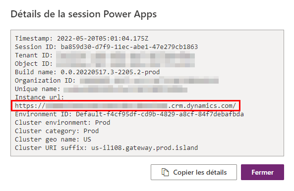 Capture d’écran illustrant les détails de la session et où trouver la valeur de l’URL de l’instance.