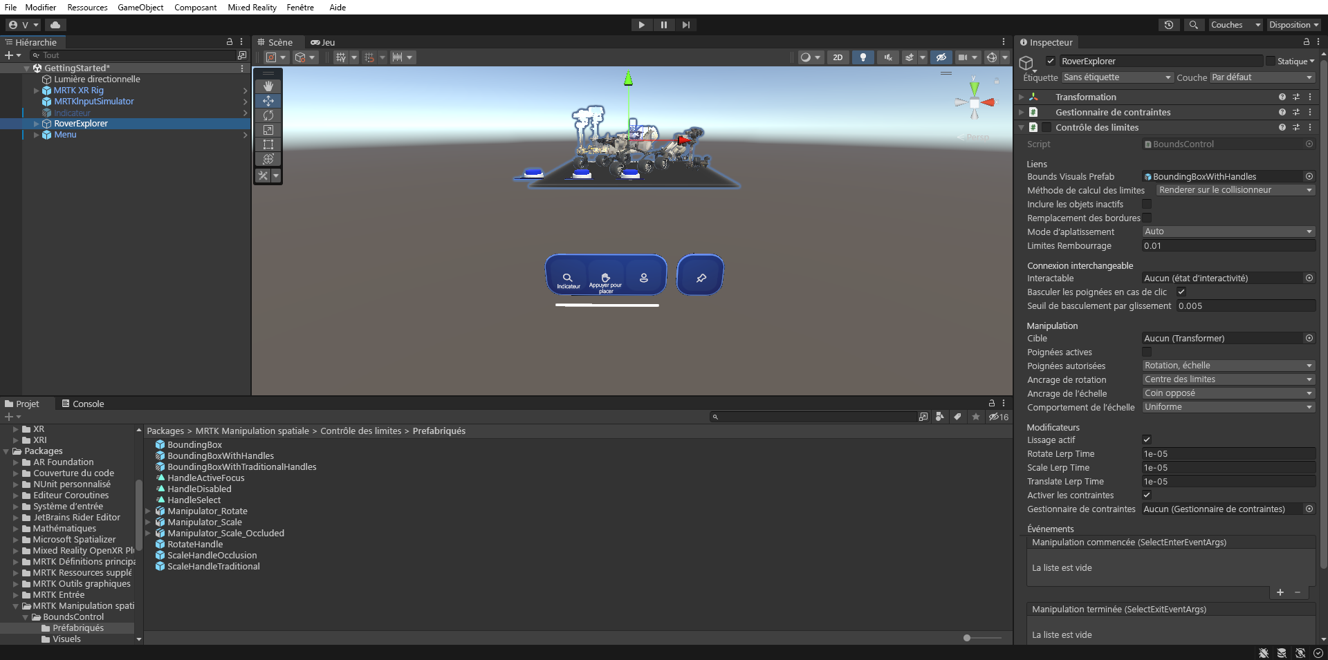 Capture d’écran de Unity avec l’objet RoverExplorer sélectionné et le champ Prefab Bounds Visuals configuré.