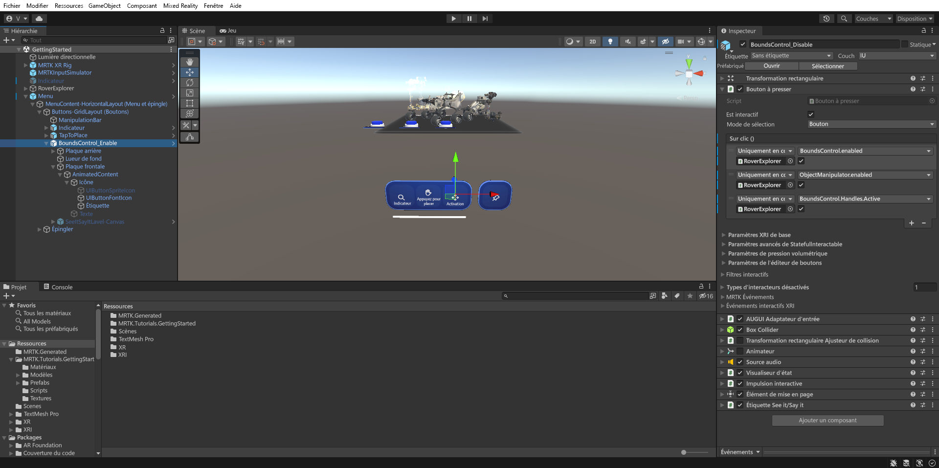 Capture d’écran d’Unity avec l'objet bouton BoundsControl_Enable sélectionné et le composant Helper de configuration de bouton configuré.