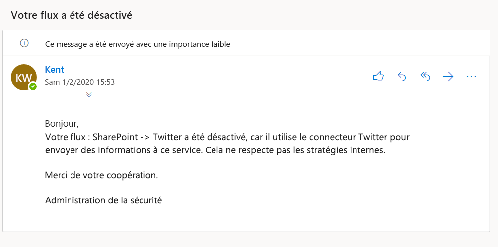 Capture d’écran d’un e-mail avec l’objet «&nbsp;Votre flux a été désactivé&nbsp;» et le message «&nbsp;Votre flux&nbsp;: SharePoint > Twitter a été désactivé…&nbsp;»