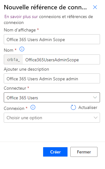 Capture d’écran des détails de la nouvelle référence de connexion.