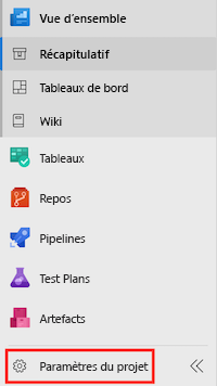 Capture d’écran d’Azure DevOps. L’élément de menu pour les paramètres du projet est mis en surbrillance.