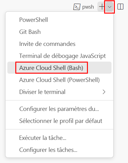 Capture d’écran de la fenêtre de terminal Visual Studio Code. La liste déroulante de l’interpréteur de commandes de terminal s’affiche et Git Bash sélectionné.