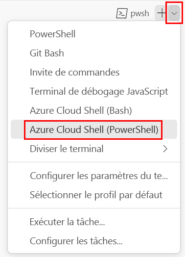 Capture d’écran de la fenêtre de terminal Visual Studio Code. PowerShell est sélectionné dans la liste déroulante de l’interpréteur de commandes de terminal.