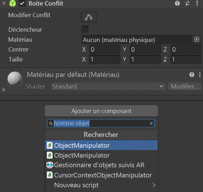 Capture d’écran de l’ajout du script manipulateur d’objet.