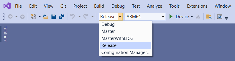 Capture d’écran de la fenêtre Visual Studio avec les options de génération du projet.
