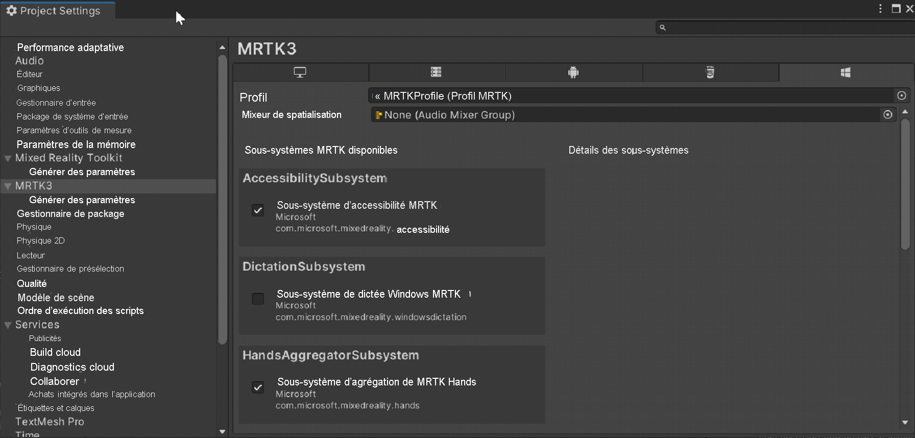 Capture d’écran du profil MRTK.