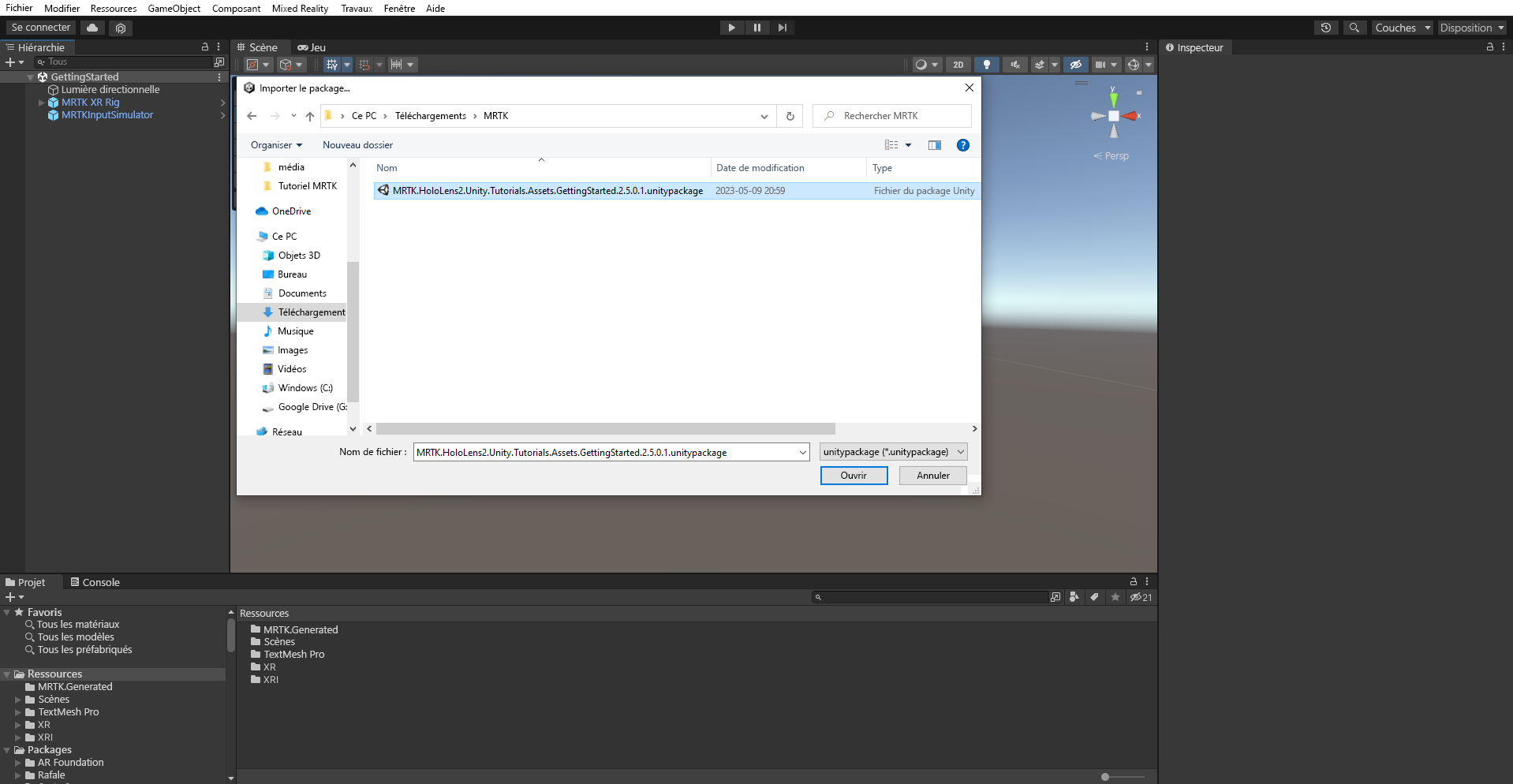 Capture d’écran montrant comment importer le package du didacticiel.