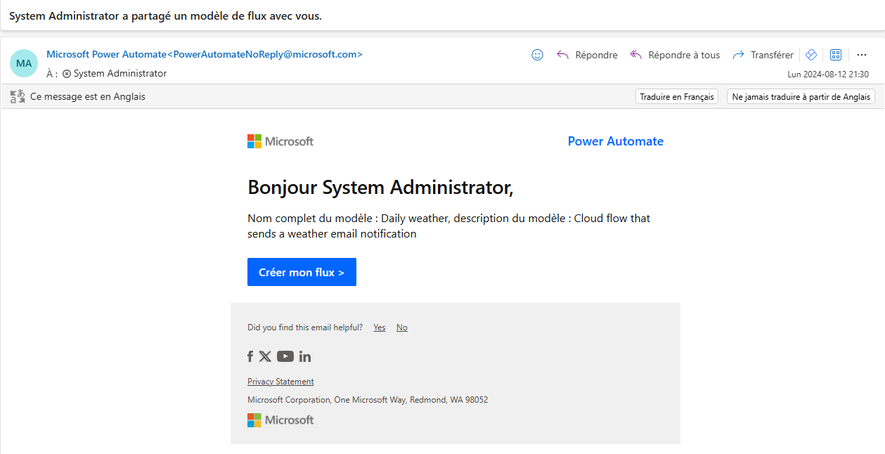 Capture d’écran de la notification par e-mail indiquant qu’un flux vous est envoyé sous forme de copie.