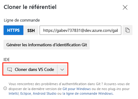 Capture d’écran d’Azure DevOps montrant les paramètres du référentiel. Le bouton de clonage dans Visual Studio Code est mis en surbrillance.