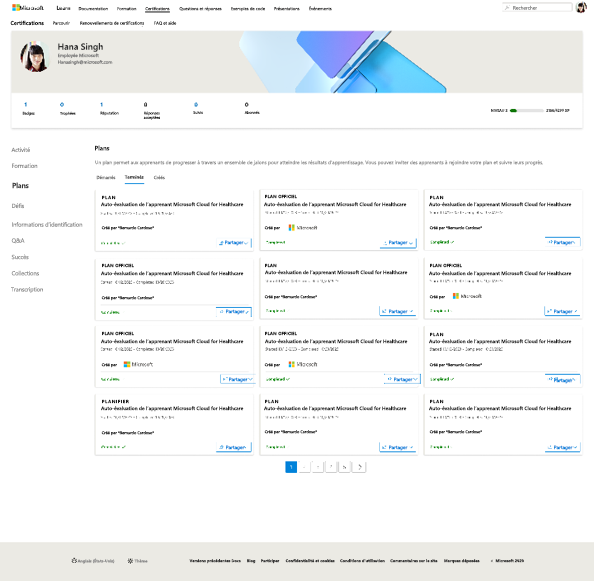 Capture d’écran de la section Plans dans le profil utilisateur Learn montrant les plans terminés pour un utilisateur via l’onglet «&nbsp;Terminé&nbsp;» dans l’écran Plans.