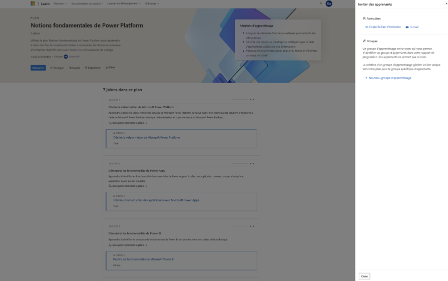 Capture d'écran de l'invitation des apprenants à votre plan. Dans le panneau «&nbsp;Inviter des apprenants&nbsp;», une option permet de créer un «&nbsp;Nouveau groupe d'apprentissage&nbsp;».