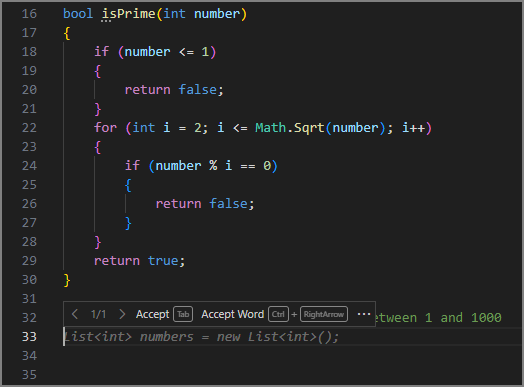 Capture d’écran montrant GitHub Copilot ajoutant la première ligne de code.