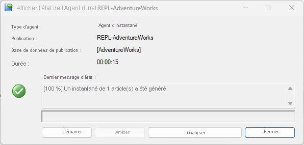 Capture d’écran affichant l’état de l’Agent d’instantané dans une réplication transactionnelle.