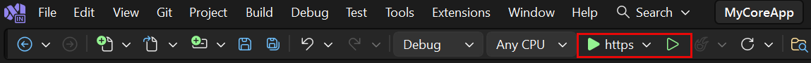 Capture d’écran montrant le bouton https mis en surbrillance dans la barre d’outils de Visual Studio.
