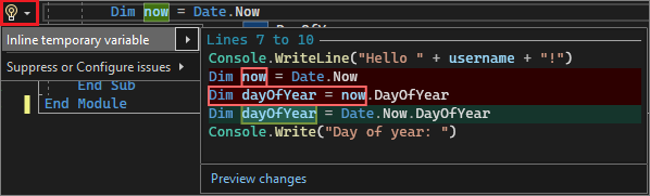 Capture d’écran montrant la suggestion de variable temporaire inline dans Visual Studio.