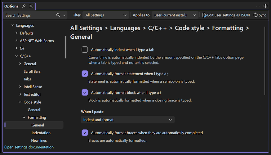 Capture d’écran des options de mise en forme générales pour le style de code C et C++.