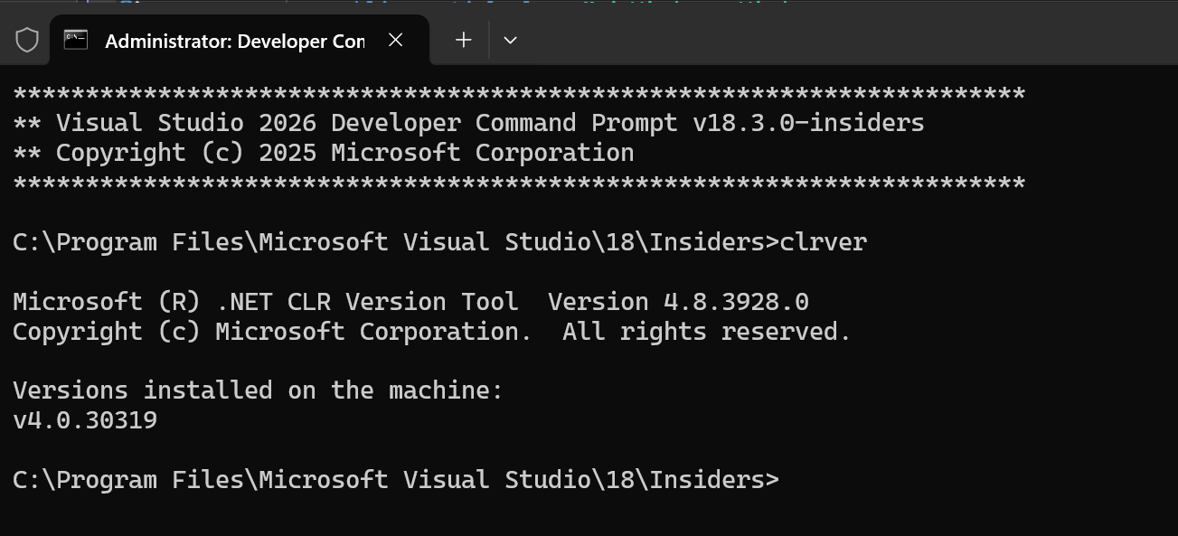 Capture d’écran de l’invite de commandes développeur pour Visual Studio.